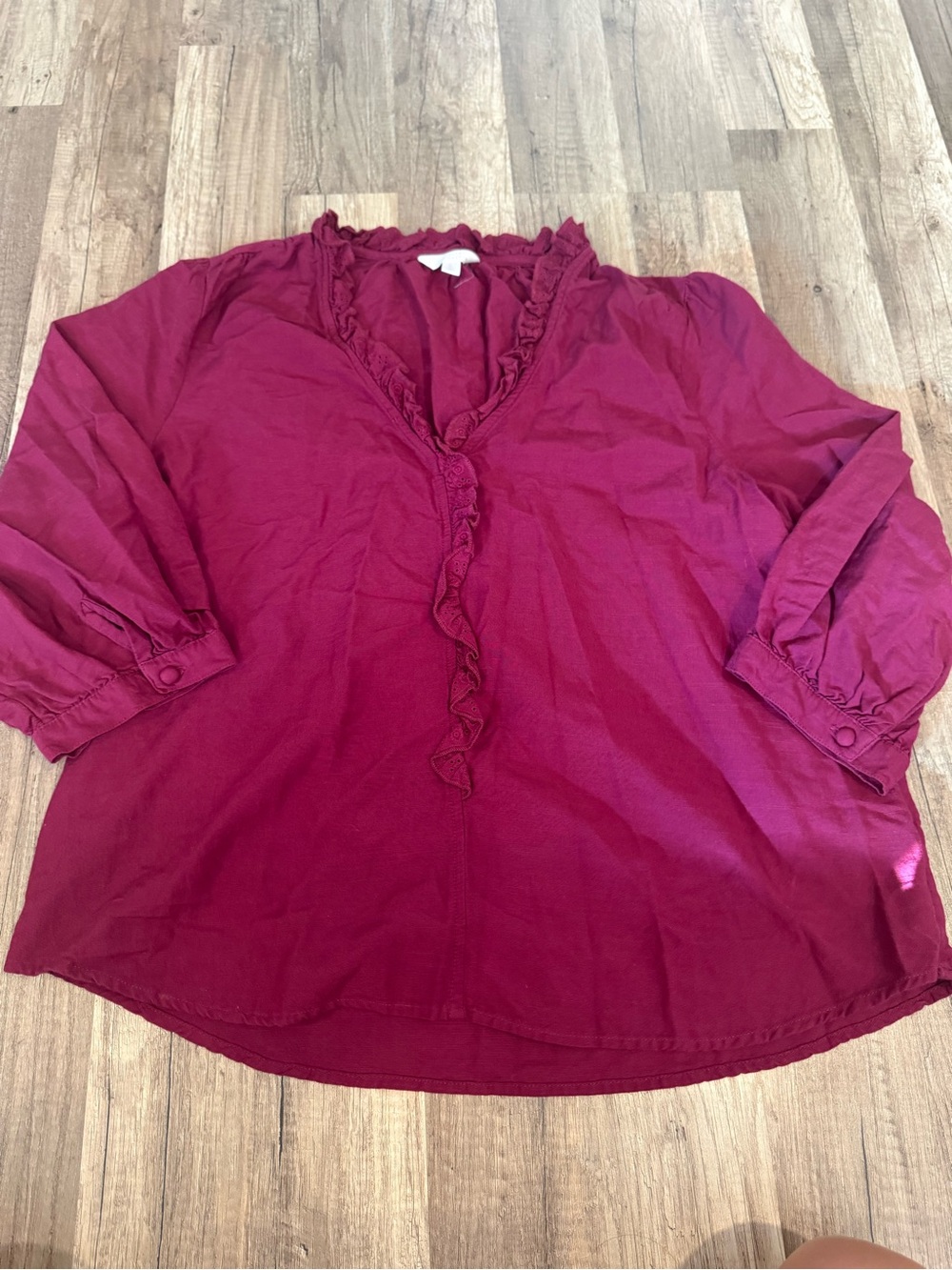 LC Lauren Conrad Deep Berry Ruffle V-Neck Blouse